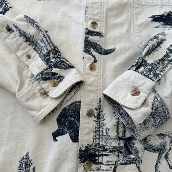 Vtg Eddie Bauer AOP Flannel Shirt Mens Large Wild Life Graphic Ivory Long Sleeve - Picture 5 of 13